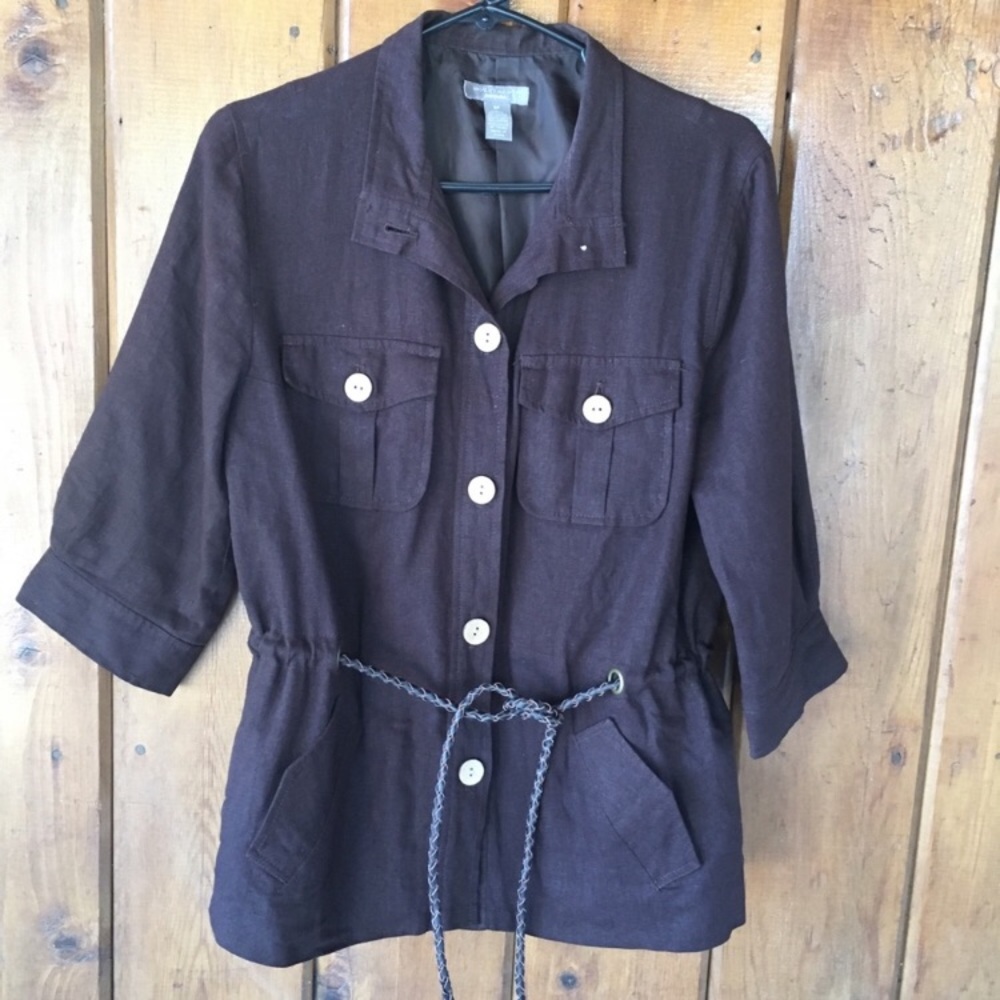 Linen blend with a braided cord belt brown euc